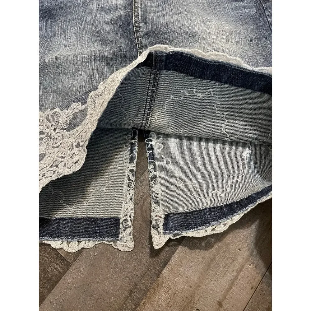 Women’s The Limited Vintage Denim Pencil Skirt Silver Metallic Lace Trim Size 2